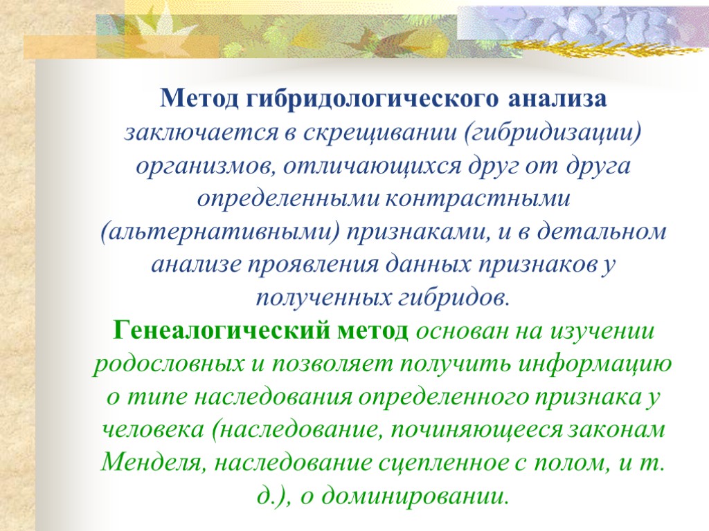 Метод гибридологического анализа заключается в скрещивании (гибридизации) организмов, отличающихся друг от друга определенными контрастными